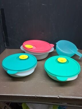 Tupperware Crystalwave Bowls With Vent Lids, Forget Me Not Onion/ Tomato Keeper,